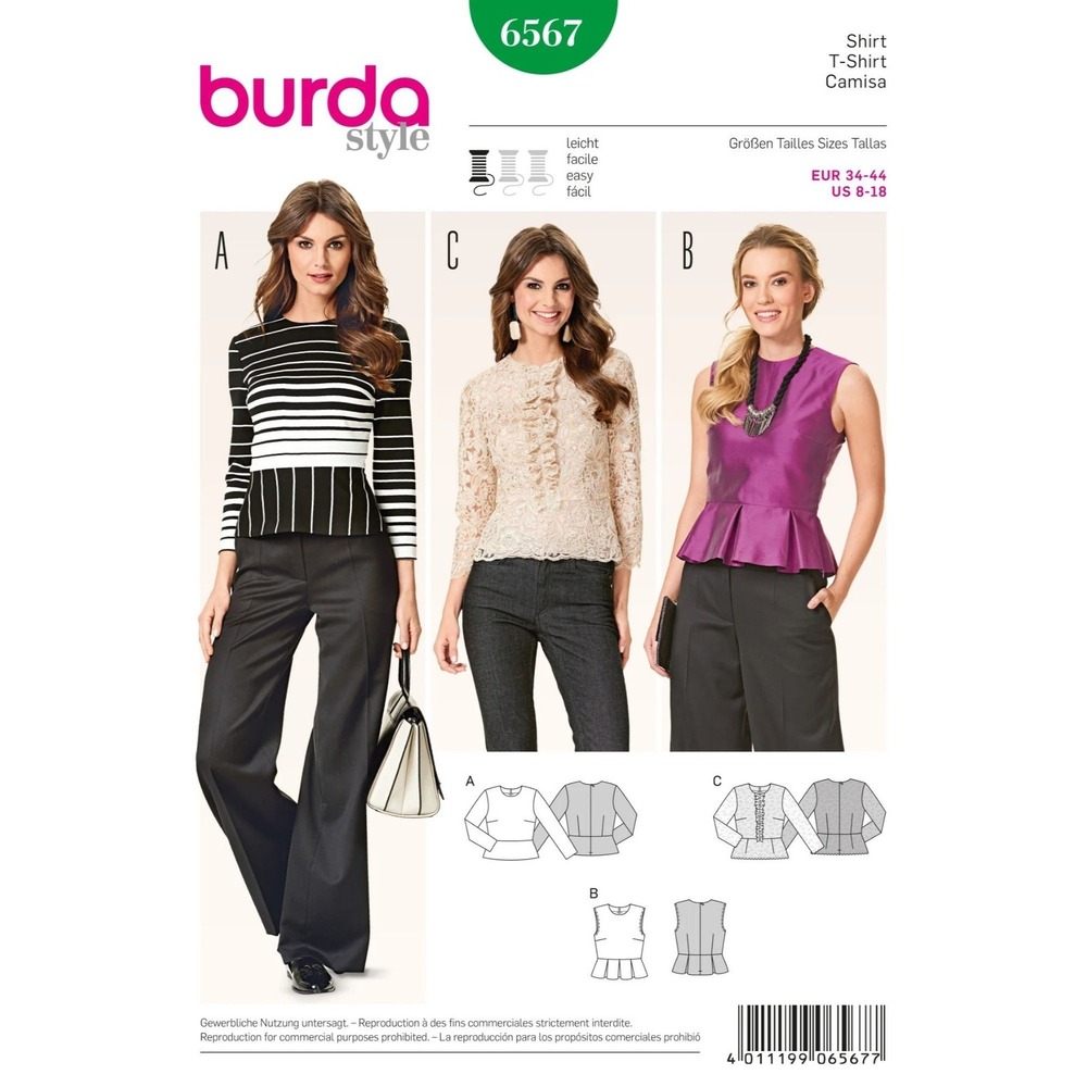 Burda Sewing Pattern 6567 Blouse Misses 8-18 Multicolor Peplum Shirt Uncut